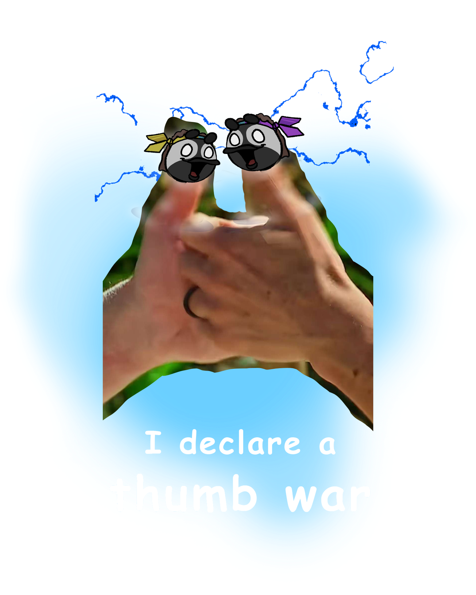 Kilby and Kristin goose heads on wrestling thumbs surrounded by blue lightning
